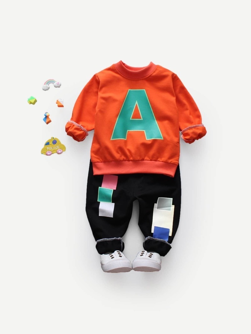 

Boys Letter Print Sweatshirt With Pants, Multicolor