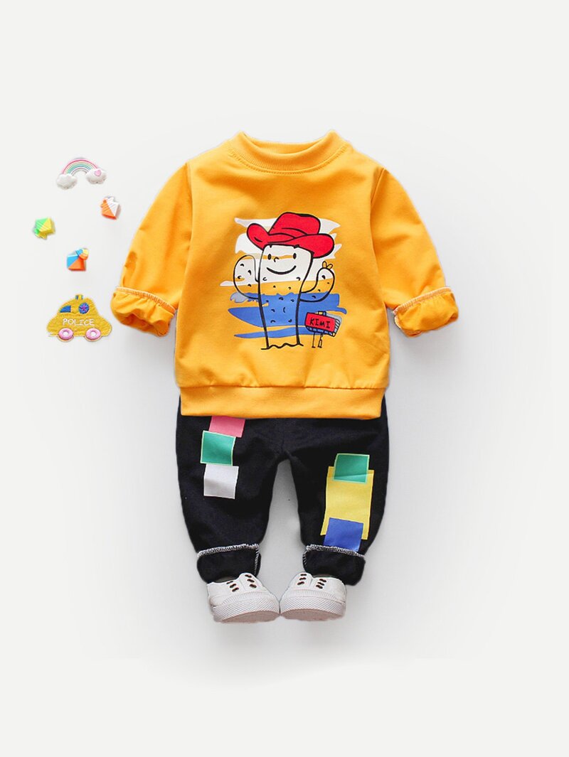 

Boys Cartoon Print Sweatshirt With Pants, Multicolor
