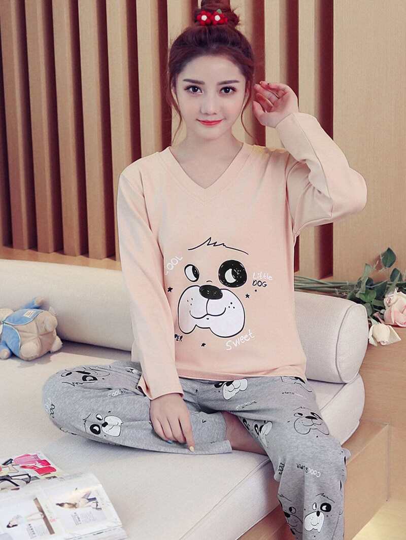 

Dog & Letter Print Pajama Set, Multicolor