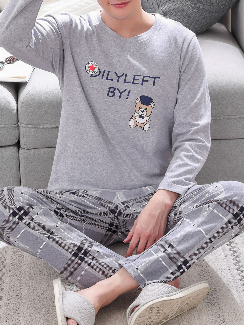 

Men Bear Print Plaid Pajama Set, Grey