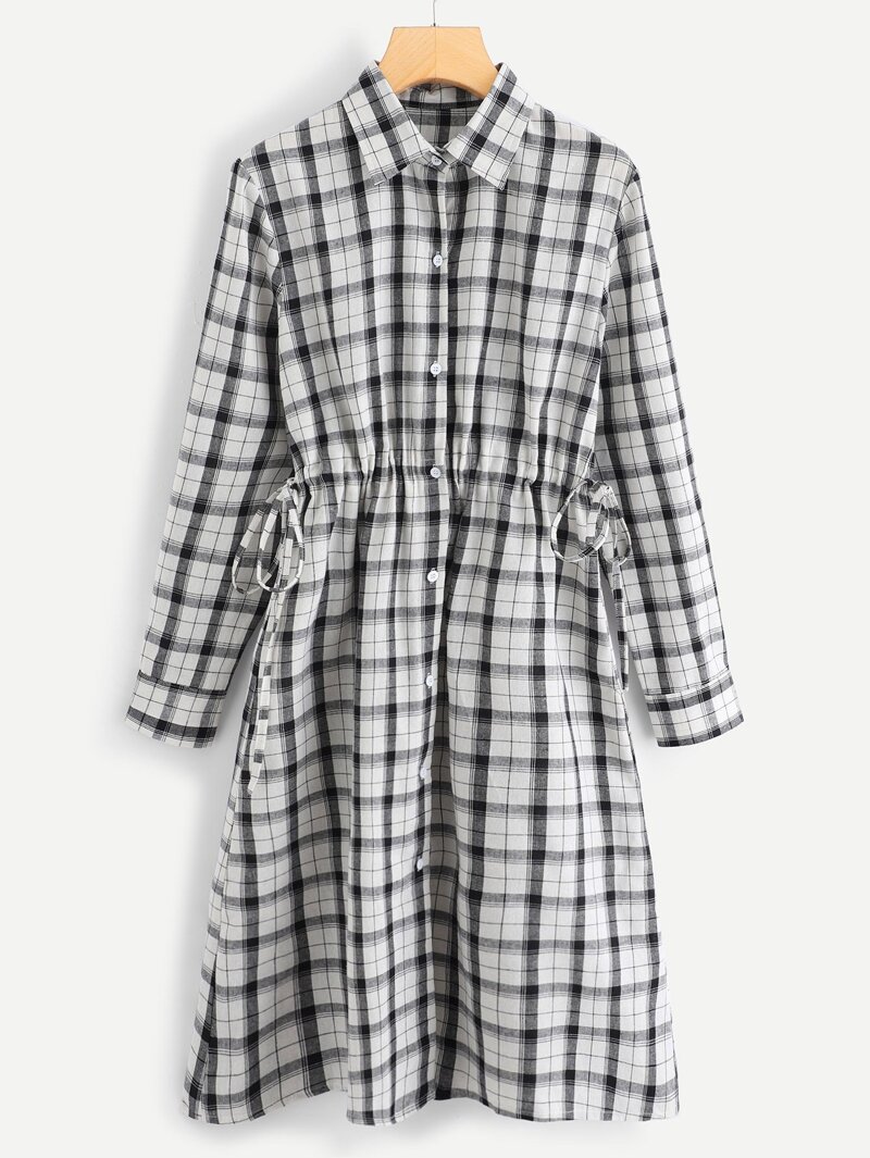 

Plaid Drawstring Waist Single Breasted Dress, Black and white