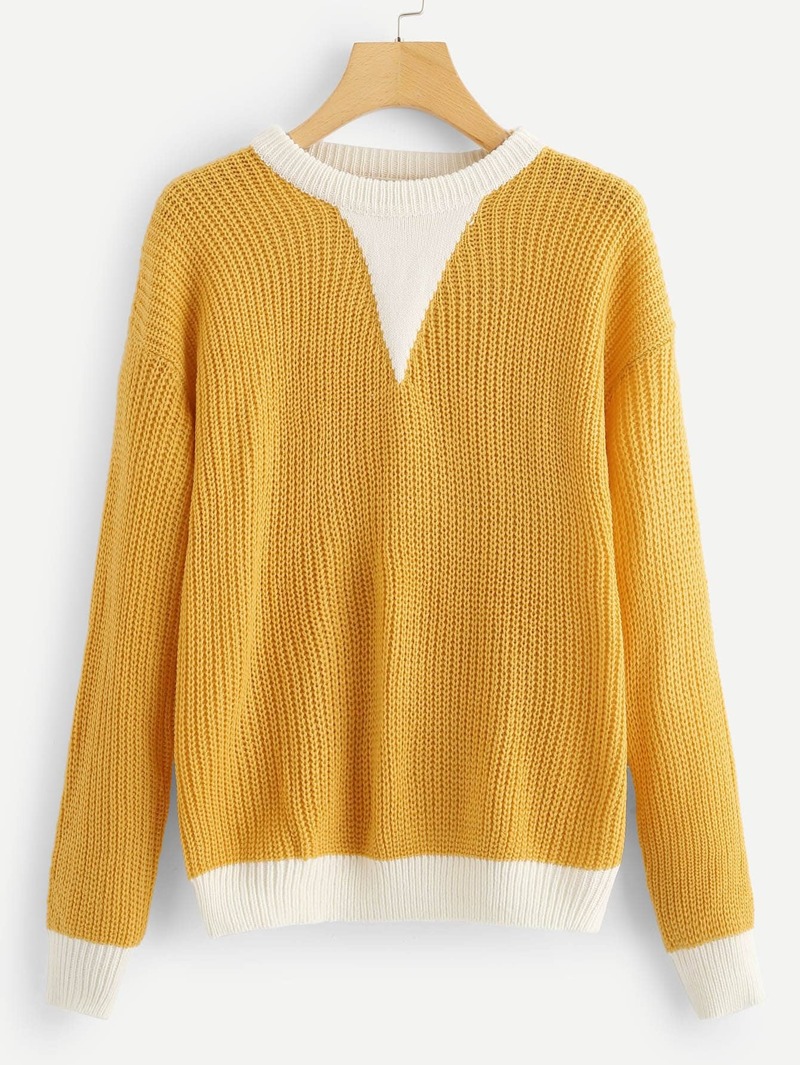 

Heart Print Sleeve Colorblock Jumper, Yellow