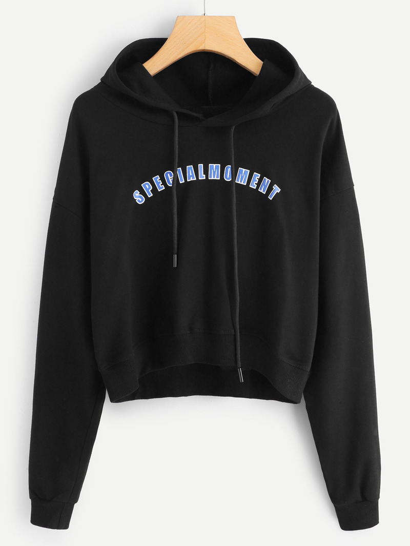 

Drawstring Hoodie Letter Print Sweatshirt, Black