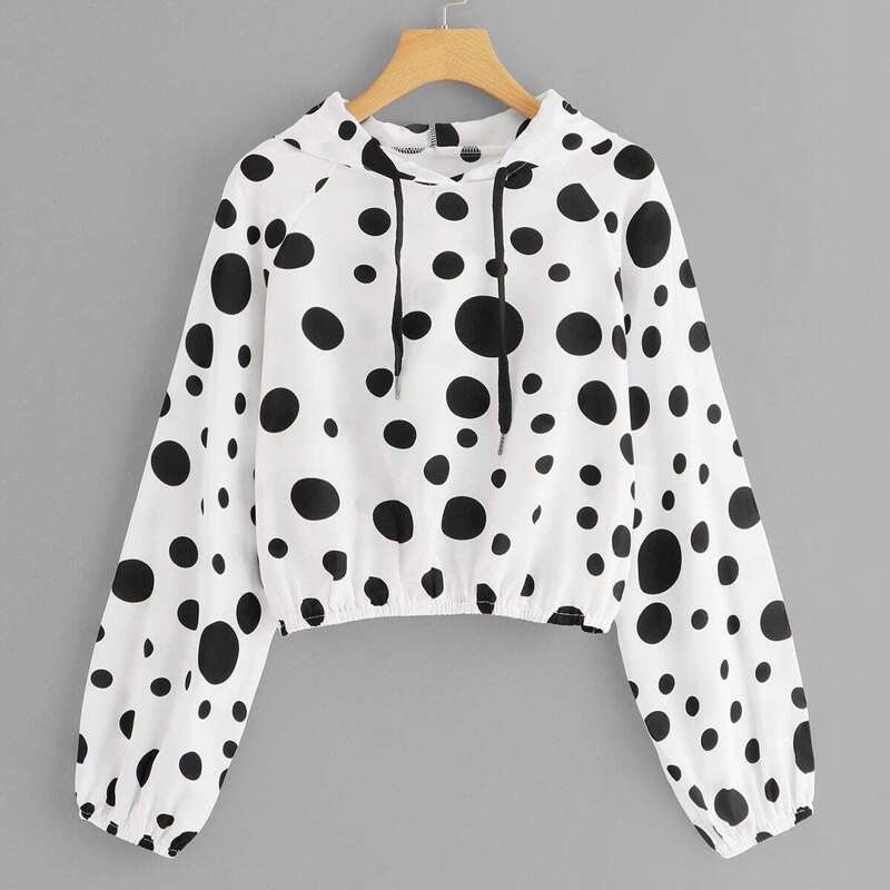 

Drawstring Hoodie Polka Dot Sweatshirt, White