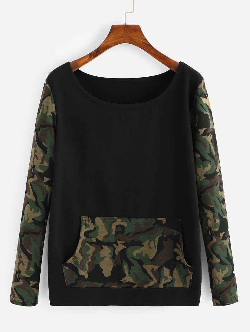 

Camo Print Panel Sweatshirt, Black