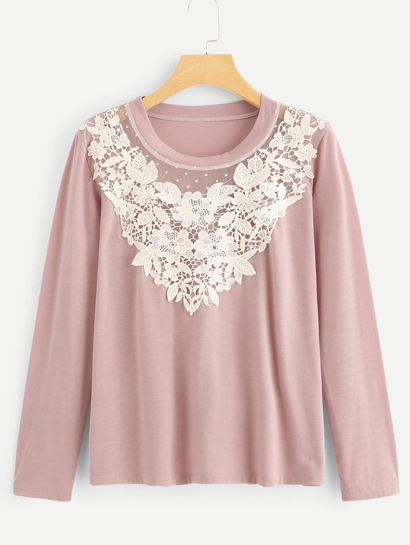 

Lace Panel Round Neck Tee, Pink