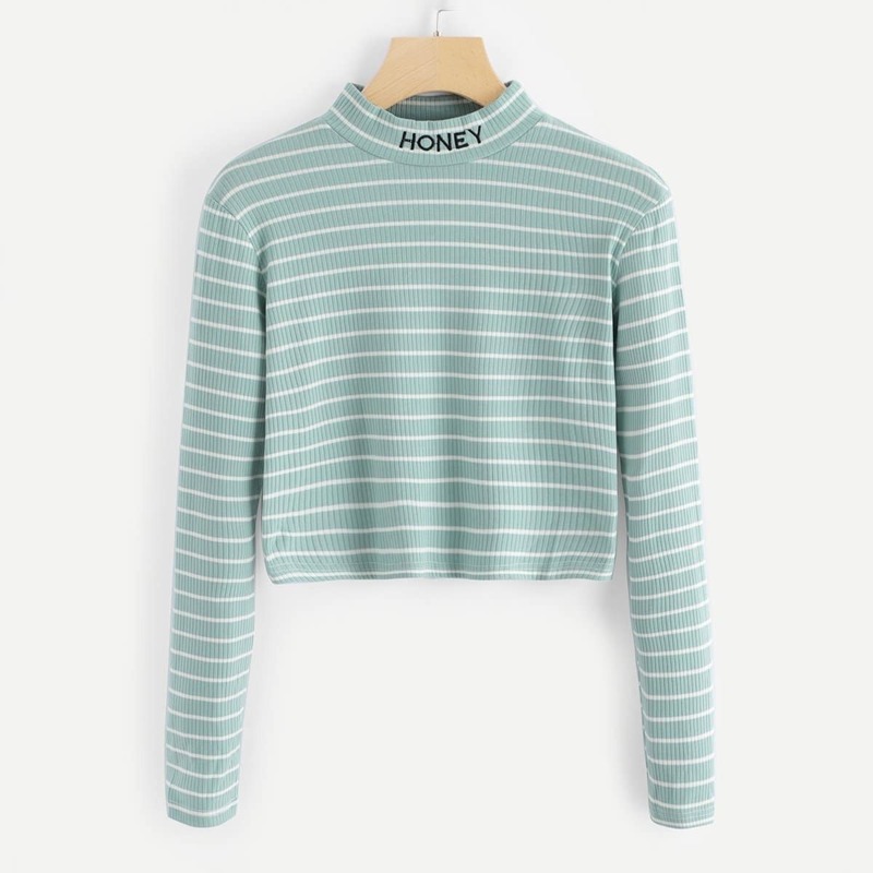 

Striped Letter Embroidered Tee, Green