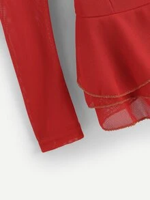 เสื้อเบลาส์ ขอบใบบัว เรียบง่าย สีแดง ไม่เป็นทางการ - สีแดง - ดู 3