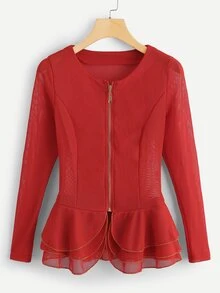 เสื้อเบลาส์ ขอบใบบัว เรียบง่าย สีแดง ไม่เป็นทางการ - สีแดง - ดู 1