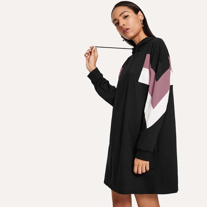 

Cut & Sew Hooded Sweatshirt Dress, Black