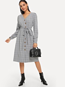 V Neck Plaid Dress