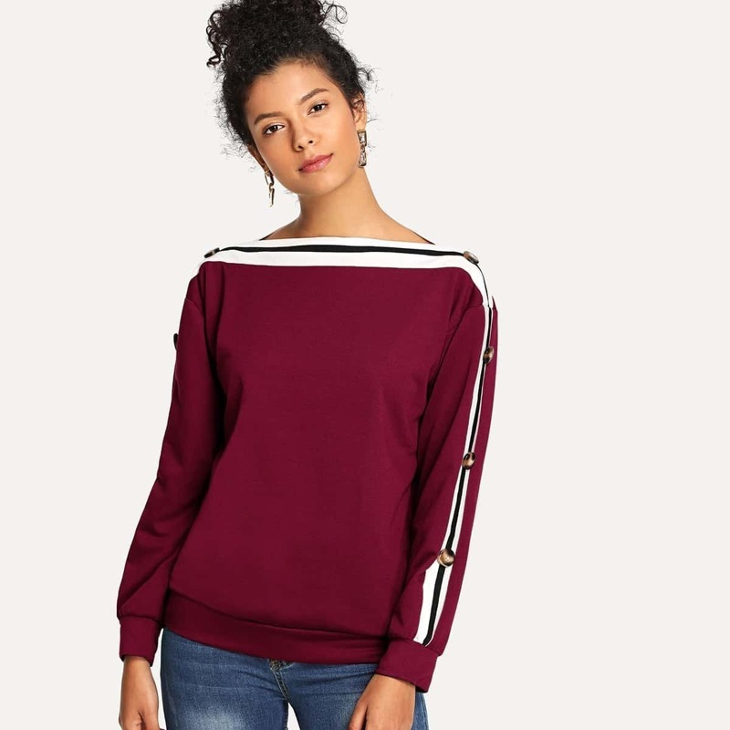 

Striped Button Detail Sweatshirt, Burgundy