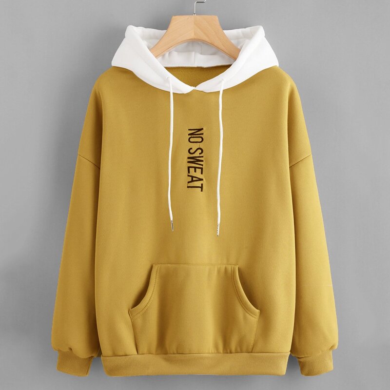 

Letter Embroidered Kangaroo Pocket Hoodie, Yellow