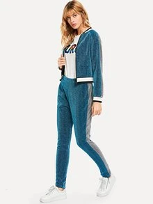 Contrast Trim Sparkle Jacket With Pants - Blue - View 4