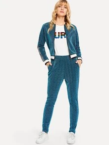 Contrast Trim Sparkle Jacket With Pants - Blue - View 3