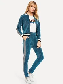 Contrast Trim Sparkle Jacket With Pants - Blue - View 1