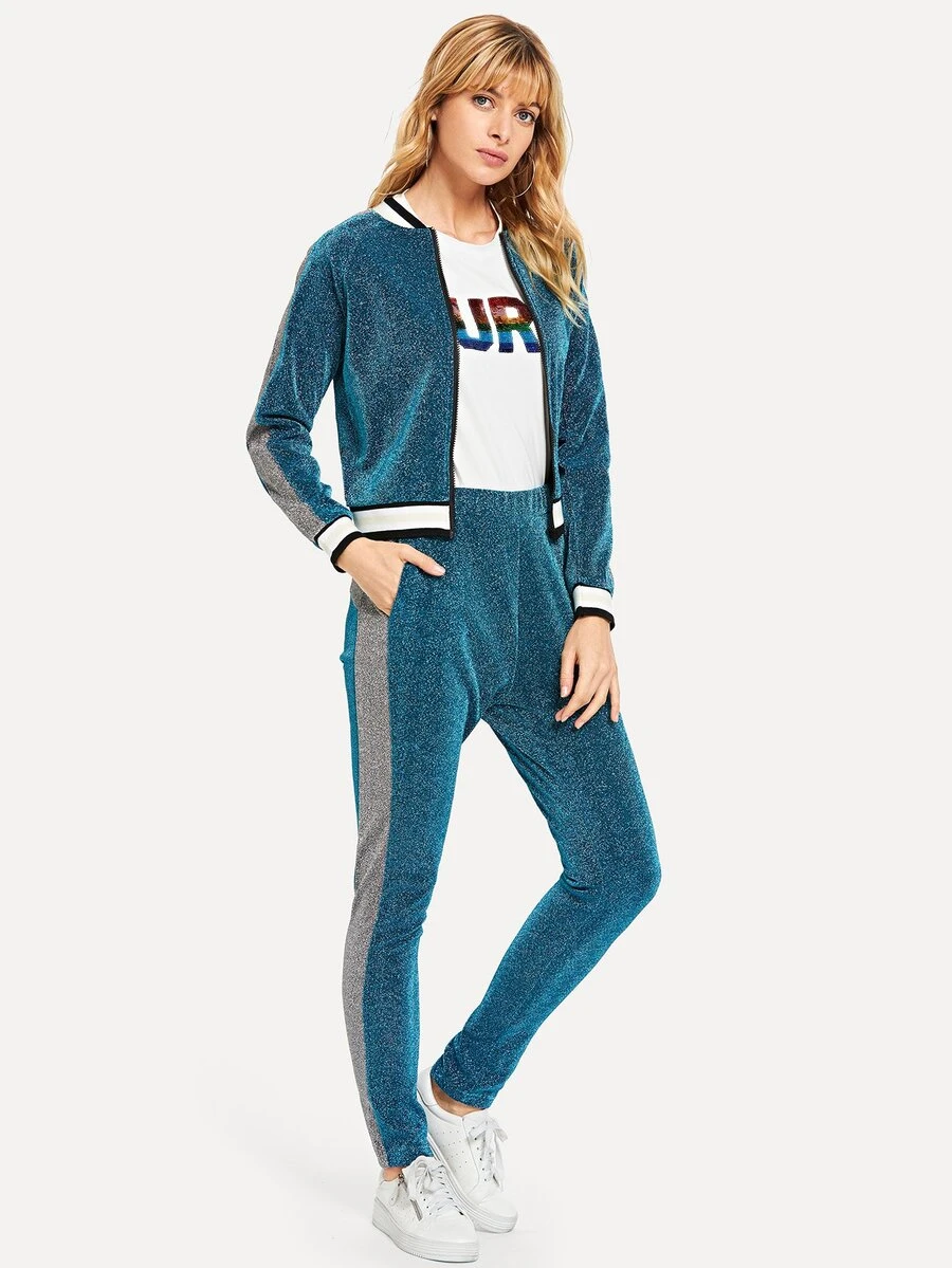 Contrast Trim Sparkle Jacket With Pants - Blue - View 1