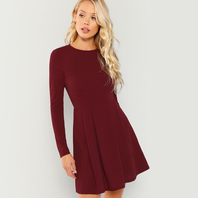 

Solid Fit and Flare Dress, Burgundy