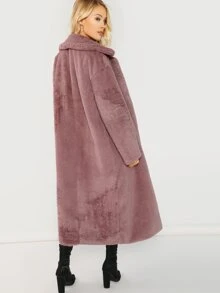 SHEIN Open Front Longline Teddy Coat - Dusty Pink - View 2