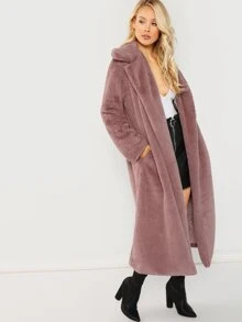 SHEIN Open Front Longline Teddy Coat - Dusty Pink - View 3