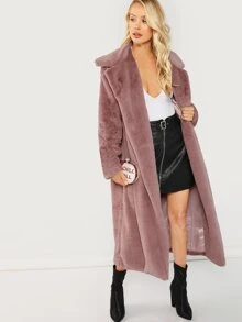 SHEIN Open Front Longline Teddy Coat - Dusty Pink - View 5