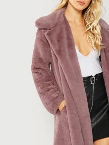 SHEIN Open Front Longline Teddy Coat - Dusty Pink - View 4