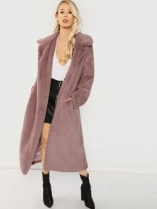 SHEIN Open Front Longline Teddy Coat - Dusty Pink - View 1