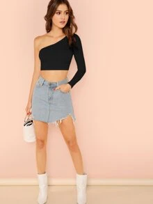 SHEIN BAE Solid One-Shoulder Crop Top