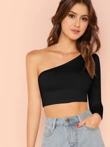 SHEIN BAE Solid One-Shoulder Crop Top