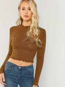 SHEIN Top corto liso de canalé y manga larga - Marrón - Ver 1