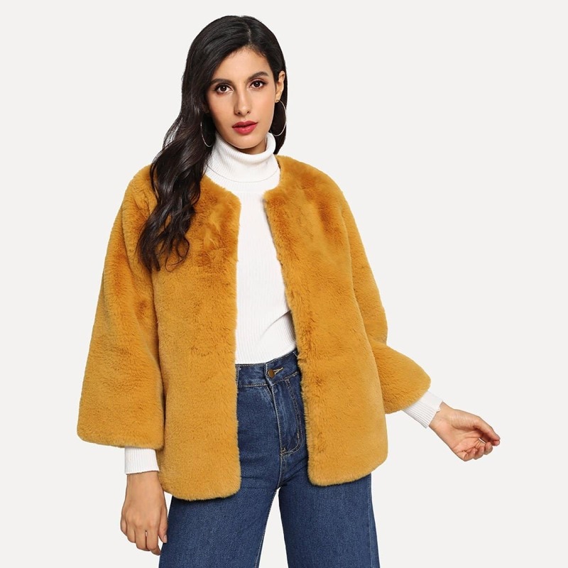 

Open Front Faux Fur Coat, Yellow