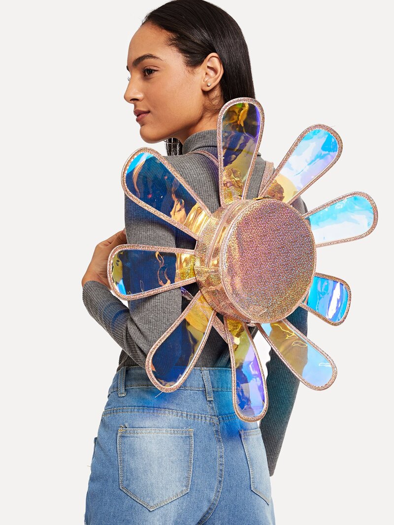 

Flower Shaped Glitter Backpack, Gold