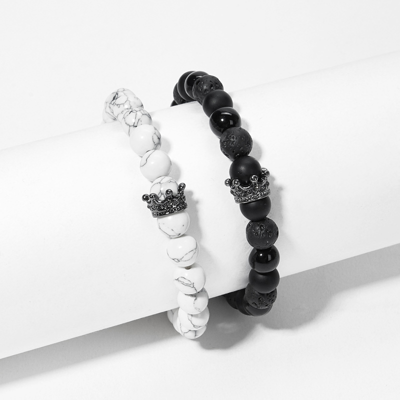 

Guys Marble Pattern Beaded Bracelet Set 2pcs, Black and white