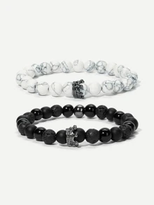 RINTOLER Bộ vòng tay đính hạt hình vương miện dành cho nam, món quà trang sức thời trang dành cho bạn trai. - Đen và trắng - Xem 3