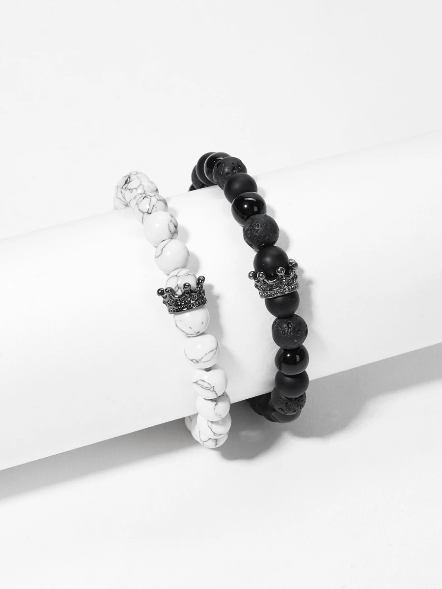 RINTOLER Bộ vòng tay đính hạt hình vương miện dành cho nam, món quà trang sức thời trang dành cho bạn trai. - Đen và trắng - Xem 1