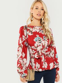 Blouson Sleeve Knot Front Floral Blouse