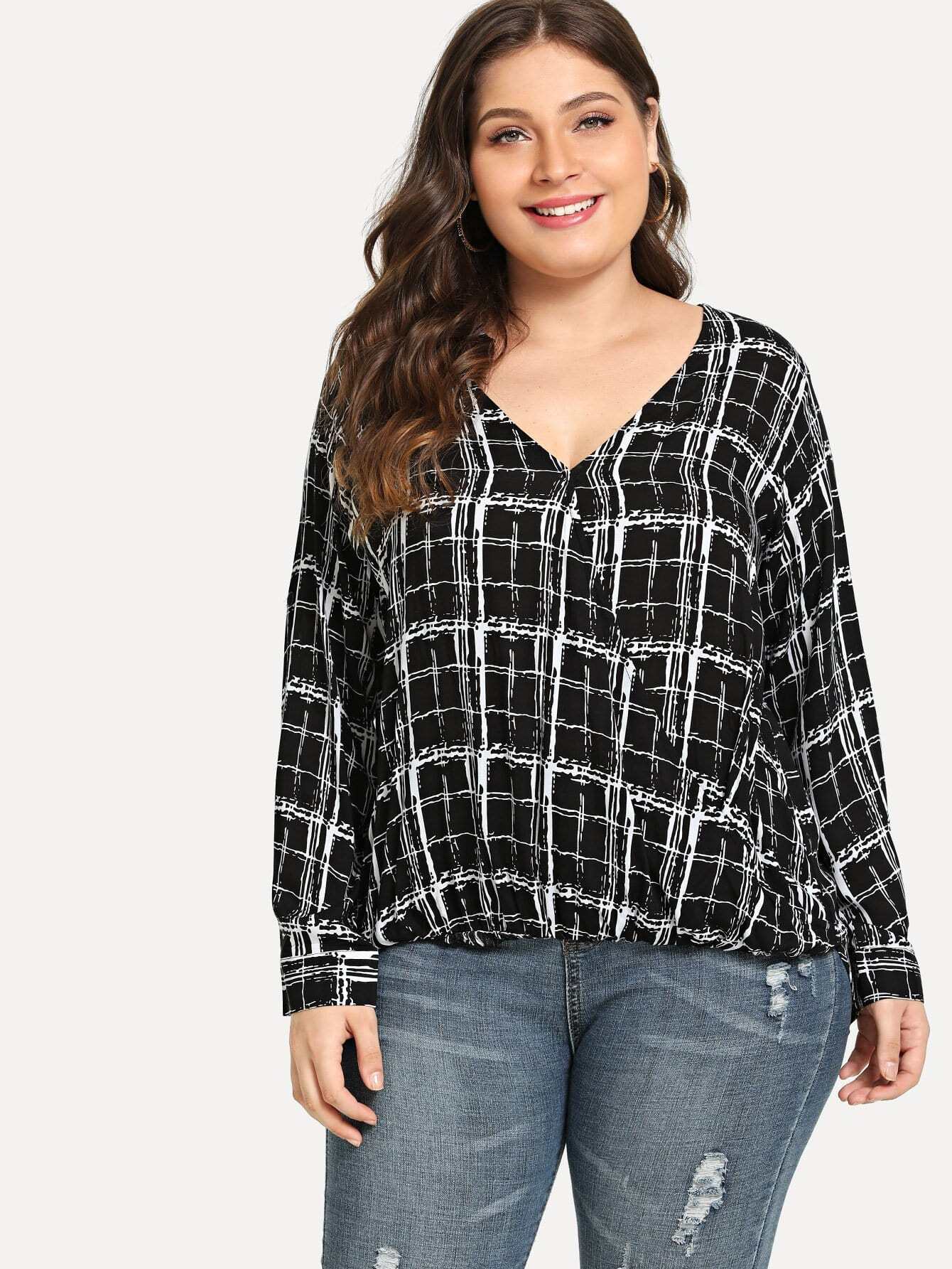 plus plaid curved hem blouse | shein uk