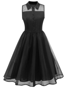 Solid Single Breasted Mesh Dress