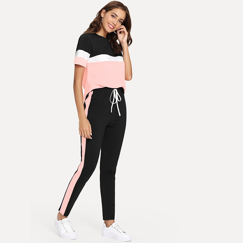 

Color Block Tee & Drawstring Tape Pants Set, Multicolor