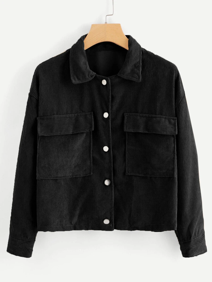 SHEIN Unity Dual Pocket Corduroy Jacket - Black - View 1