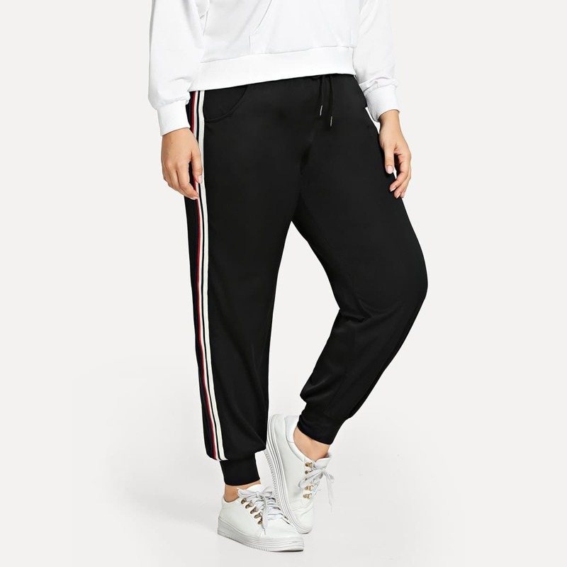 

Plus Contrast Striped Tape Side Pants, Black