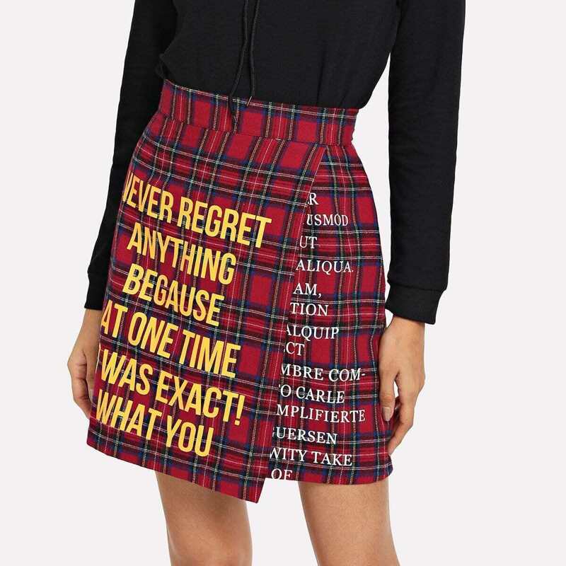 

Letter Print Plaid Skirt, Burgundy