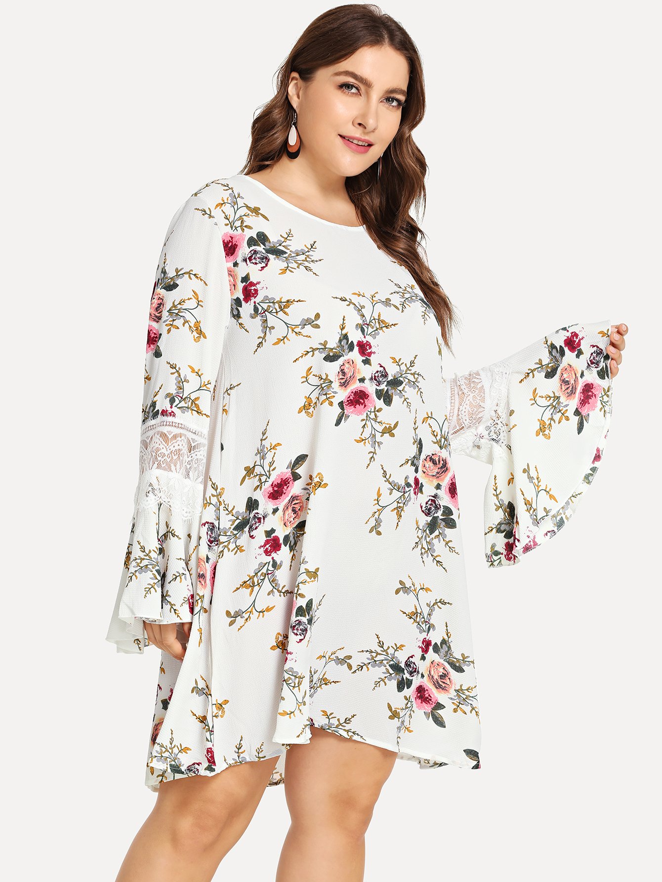 plus lace insert bell sleeve floral dress -shein(sheinside)
