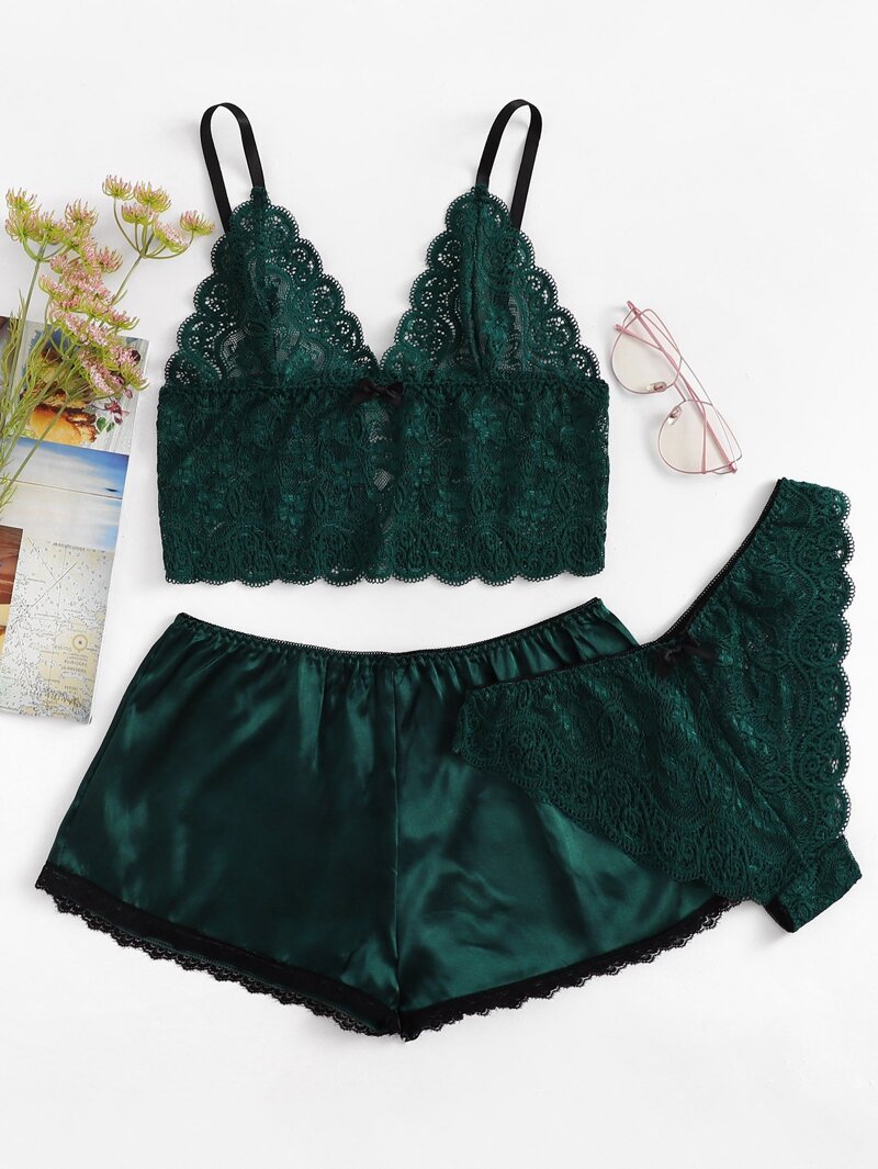 

Scalloped Trim Cami Top & Shorts & Panty 3pcs, Army green