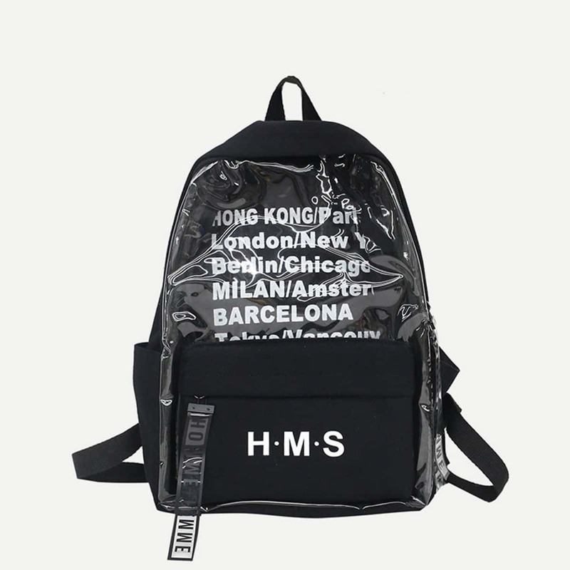 

Slogan Print Canvas Backpack, Black