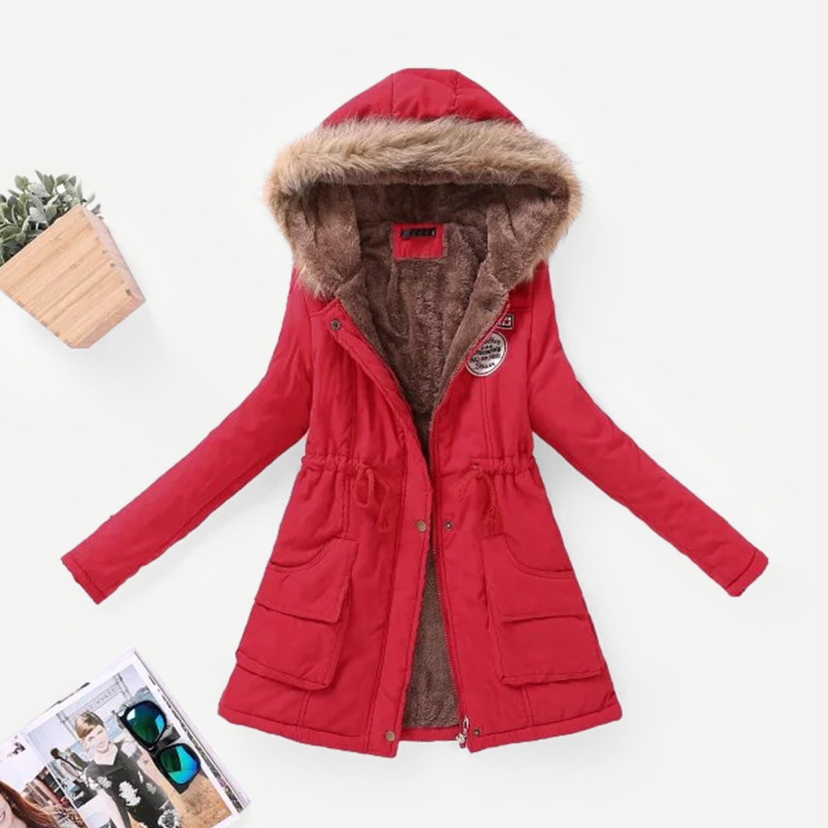 Image of Contrast Lined Faux Fur Hood Parka Coat
