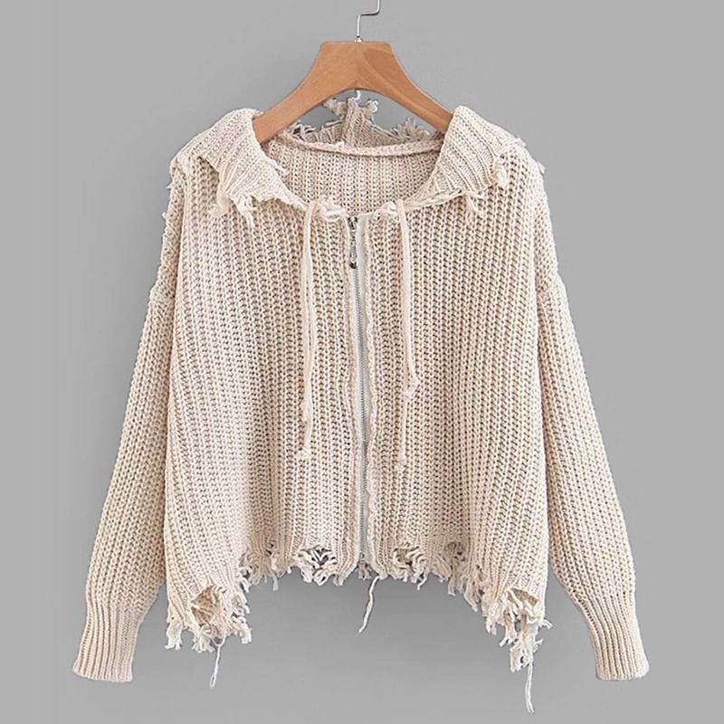 

Frayed Trim Drop Shoulder Hooded Sweater, Beige
