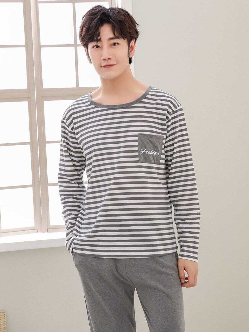 Men Embroidered Pajama Letter Striped Set 67TrqX7p