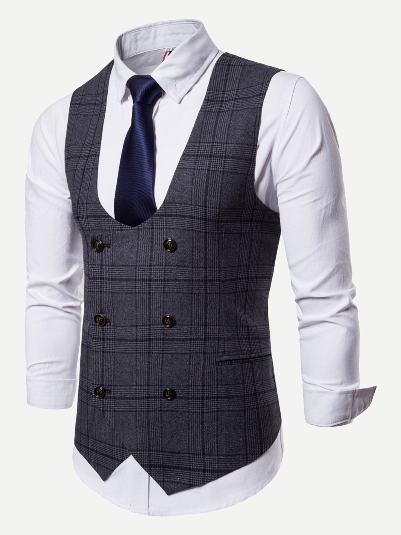 Guys Plaid Double Breasted Pointed Hem Vest ROMWE