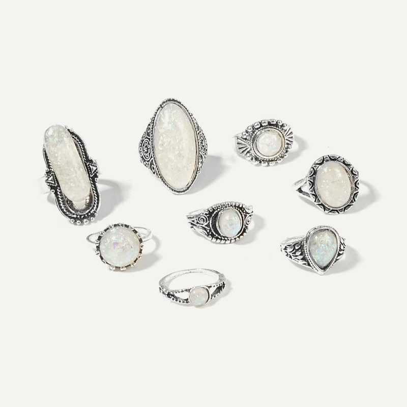

Gemstone Ring Set 8pcs, Silver